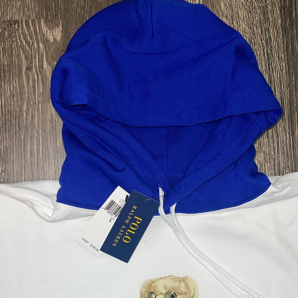Polo Ralph Lauren Hoodie; Polo Bear -orange/green sleeves w/blue hood Size: L - Picture 5 of 7